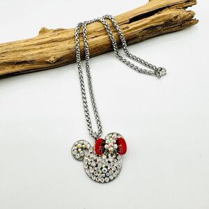Minnie Mouse Rhinestone Pendant Statement Necklace, Wheat Chain